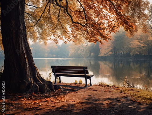 bench in autumnal park nezt to a lake photo