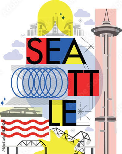 Seattle culture travel set, American famous architectures, USA in flat design. Business travel and tourism concept clipart. Image for presentation, banner, website, advert, flyer, roadmap, icons