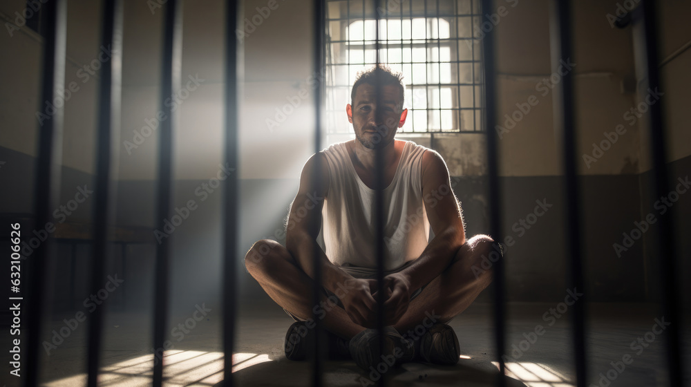 An anxious male prisoner sits on his knees in a cell, beamed with sunlight. through the barred window to him