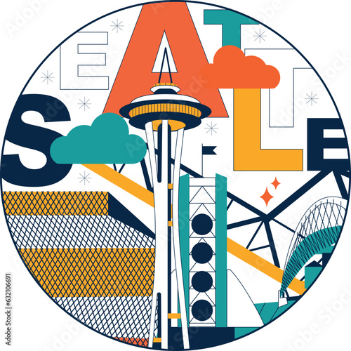 Seattle culture travel set, American famous architectures, USA in flat design. Business travel and tourism concept clipart. Image for presentation, banner, website, advert, flyer, roadmap, icons