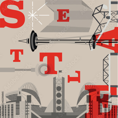 Seattle culture travel set, American famous architectures, USA in flat design. Business travel and tourism concept clipart. Image for presentation, banner, website, advert, flyer, roadmap, icons