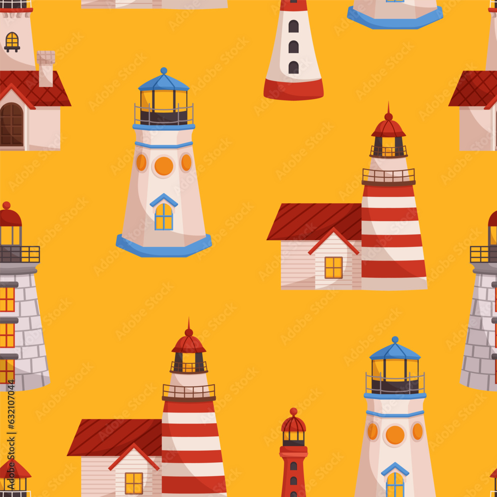 Seamless Pattern With Lighthouses. Charming Tile Background with Scattered Beacons, Creating A Coastal Theme