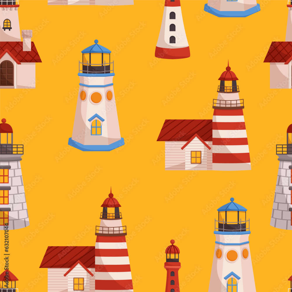Seamless Pattern With Lighthouses. Charming Tile Background with Scattered Beacons, Creating A Coastal Theme Seamless Pattern With Lighthouses. Charming Tile Background with Scattered Beacons, Creating A Coastal Theme