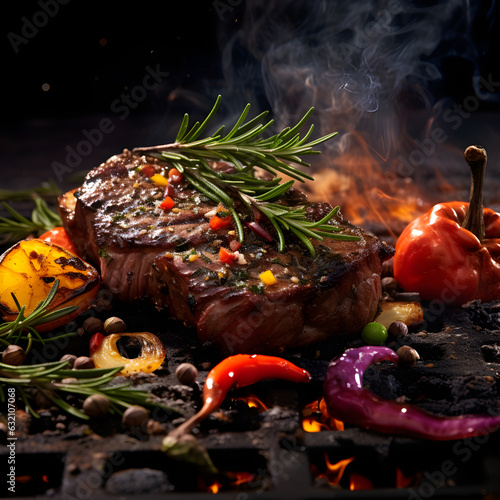 sizzling steak, with grill marks, adorned with fresh herbs and colorful vegetables . AI Generated. photo