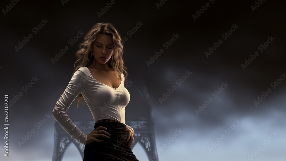 Fashion Model Frau in enger anliegenden Sexy Kleidung im dunklen Licht mit mystischen Hintergrund, ai generativ - obrazy, fototapety, plakaty 