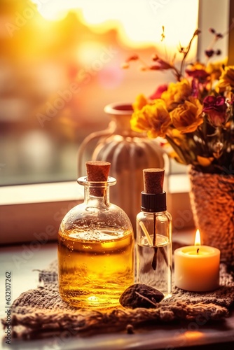 Selection of essential oils with various herbs and flowers on the background. Aromatherapy oil in glass bottle on table in spa salon. Essential lavender oil in a small bottle. Selective focus. Spa sti