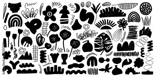 Set of hand drawn various shapes and doodle objects silhouettes. Abstract contemporary modern trendy vector illustrations. One color palette. All elements are isolated.