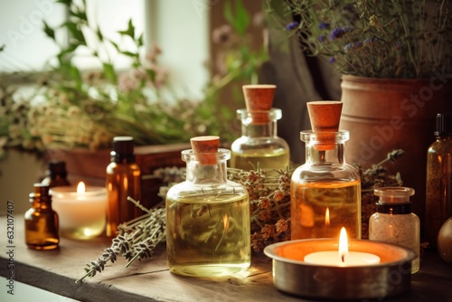 Selection of essential oils with various herbs and flowers on the background. Aromatherapy oil in glass bottle on table in spa salon. Essential lavender oil in a small bottle. Selective focus. Spa sti