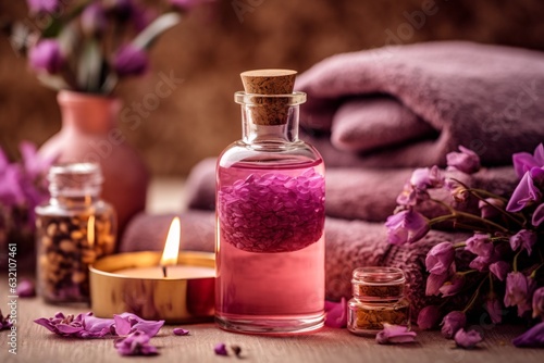 Selection of essential oils with various herbs and flowers on the background. Aromatherapy oil in glass bottle on table in spa salon. Essential lavender oil in a small bottle. Selective focus. Spa sti