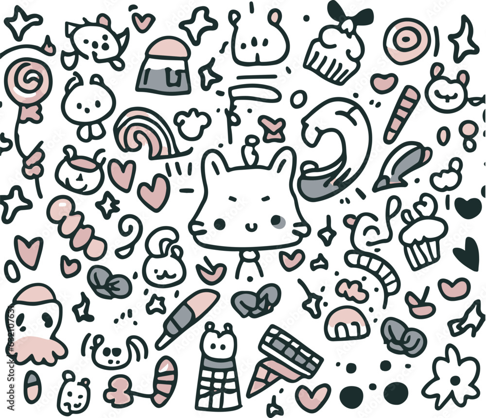 Cute hand drawn doodle kawaii animal set. Vector illustration.