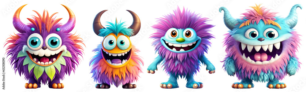 Naklejka premium Set of funny shaggy furry cheerful monsters with big eyes and smiling mouths with big white teeth, isolated on transparent background. Children's cartoon characters or cute soft toys. Generative AI