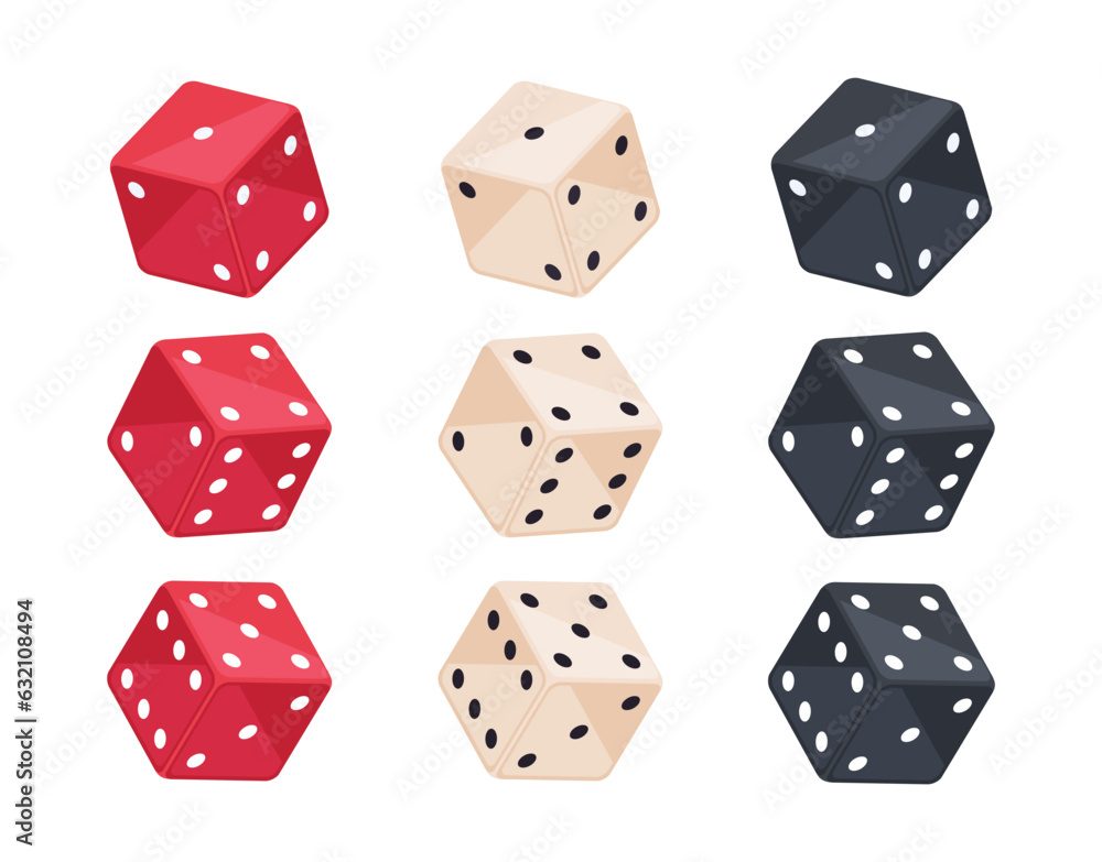 Isometric gambling cube pieces. Casino or board games dice. Backgammon game dice 3d vector illustration set Isometric gambling cube pieces. Casino or board games dice. Backgammon game dice 3d vector illustration set