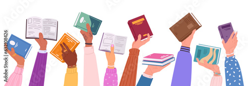 Cartoon hands holding books. Reading, studying and literature loving people, paper books in human hands flat vector illustration set. Sharing and borrowing books concept