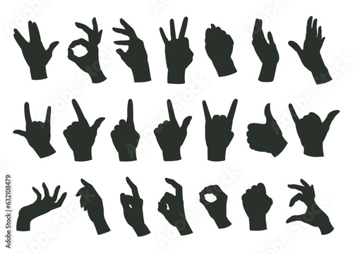 Cartoon hands gestures silhouettes. Human hands signs, okay, call, peace position and index finger sign flat vector illustration set