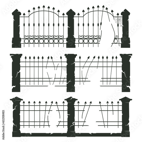 Cemetery fence silhouettes. Halloween creepy haunted cemetery gates, horror halloween decorations flat vector illustration set