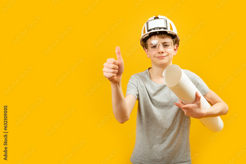 Schoolboy teenager wears protective helmet and glasses holding drawing and showing thumbs up. Copy space. Profession engineer design architect. Schoolboy teenager wears protective helmet and glasses holding drawing and showing thumbs up. Copy space. Profession engineer design architect.