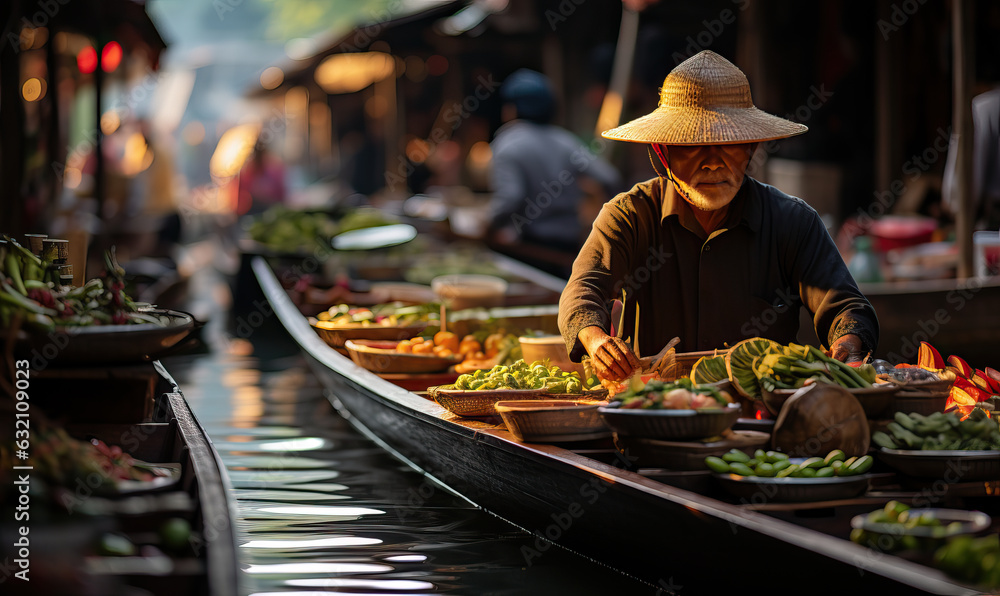 Floating market in Asia, boats with goods. - obrazy, fototapety, plakaty 