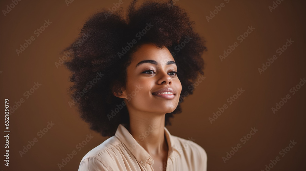 Closeup of a young Latin woman. Beautiful african-style hair. Pastel background. Generative AI. Closeup of a young Latin woman. Beautiful african-style hair. Pastel background. Generative AI.