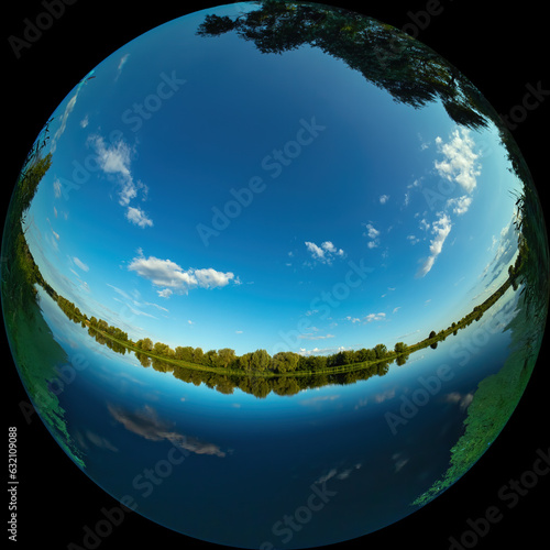 Bild auf Leinwand Wide angle view of a river with calm water on a summer day through a circular fi