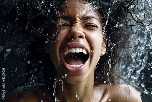 Splash Drops of water spread to face. Emotion female girl. Generative AI. © Brastock Images / AI