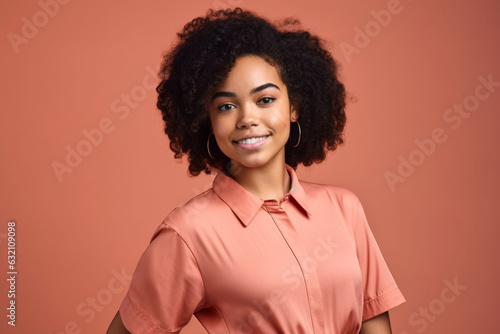 Closeup of a young Latin woman. Beautiful african-style hair. Pastel background. Generative AI.