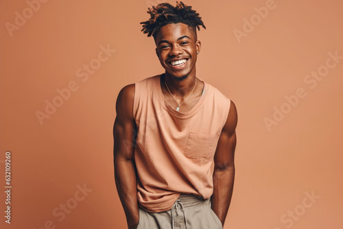 Young black man with stylish afro hair smiling in studio. Generative AI.