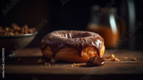 Fresh chocolate donuts dessert indoors. Generative AI.