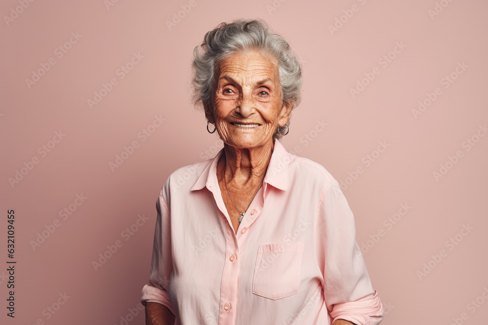 Cheerful elderly lady smiling to the camera in a pink background. Generative AI. Cheerful elderly lady smiling to the camera in a pink background. Generative AI.