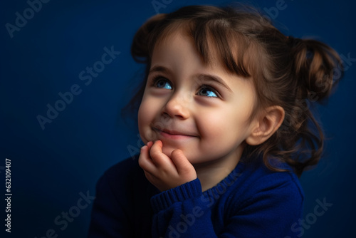 cute child smiling with hand on chin on a blue background. looking up. Generative AI.
