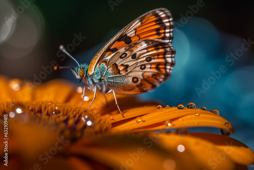 Closeup of a butterfly on a flower, drops of rain. Generative AI. © Brastock Images / AI