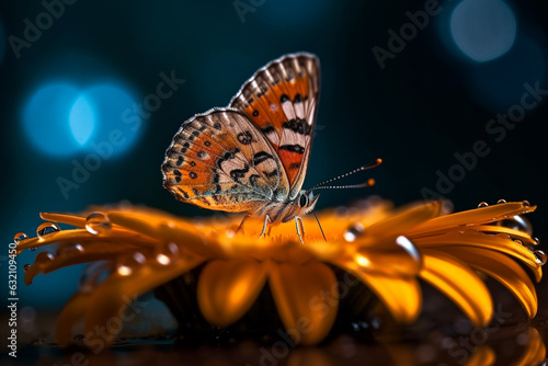 Closeup of a butterfly on a daisy, drops of dew. Generative AI. © Brastock Images / AI