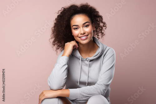 Cheerful curly hair girl smiling in a pink background. Generative AI.