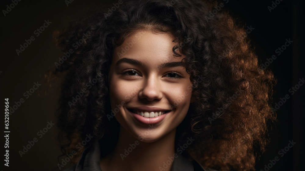 Portrait of a beautiful young woman with curly hair. Generative AI. Portrait of a beautiful young woman with curly hair. Generative AI.