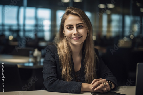 Businesswoman smiling at camera with hands crossed on table, office in background. Generative AI.