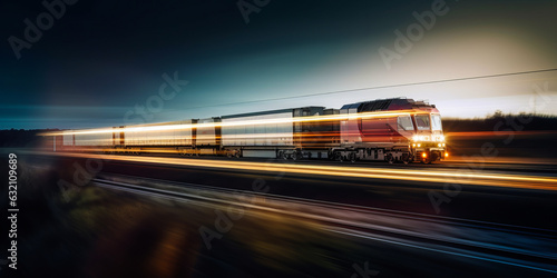 Dynamic freight train speeding through countryside, highlighted by digital light trail. Epitomizes modern transportation efficiency, economic impact and tech advancement. Generative AI