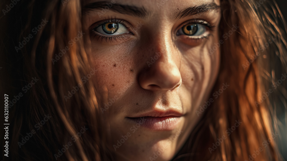 Closeup on the face of a young woman with green eyes. Generative AI.