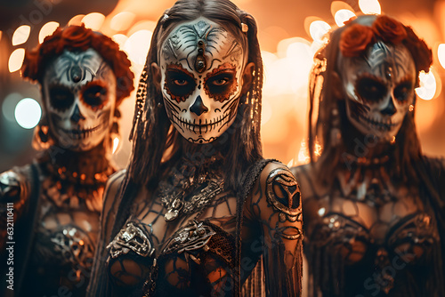 Mexican girl with skull make up for day of the dead with two other girls in background ai generated art.