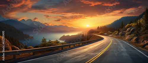 photo of a empty road leading to the lake by sunset, adventure-themed © Milan