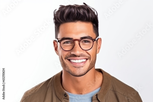 Young man with glasses smiling on white background. Generative AI.