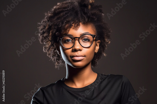 Girl with afro hair and glasses looking at the camera, black background. Generative AI.