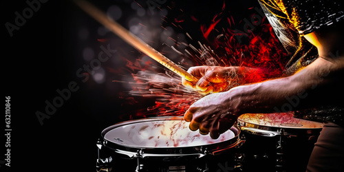 Fotografia Energetic rock drummer's hands striking drum set, embodying powerful rhythm and emotion under pulsating digital light effects