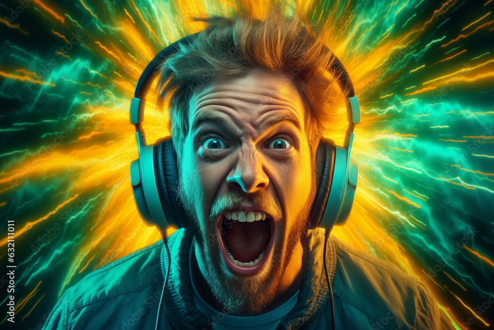 Man in headphones screaming on electrifying background. Generative AI.
