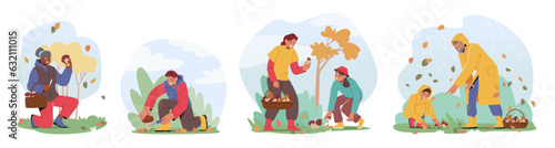 Male Female Characters Pick Mushrooms In Forest. They Identify Edible Varieties, Using Baskets And Knives For Harvesting