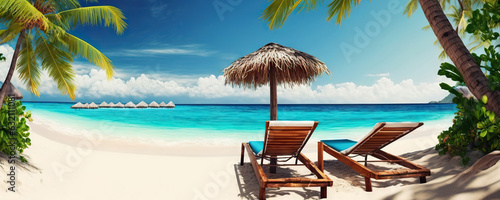 Two sun loungers on a tropical palm beach with white sand on background of turquoise ocean. Copy space © Yeti Studio