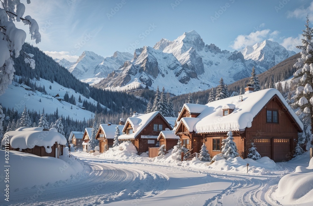 Beautiful winter landscape with snow covered fir trees in the mountains.