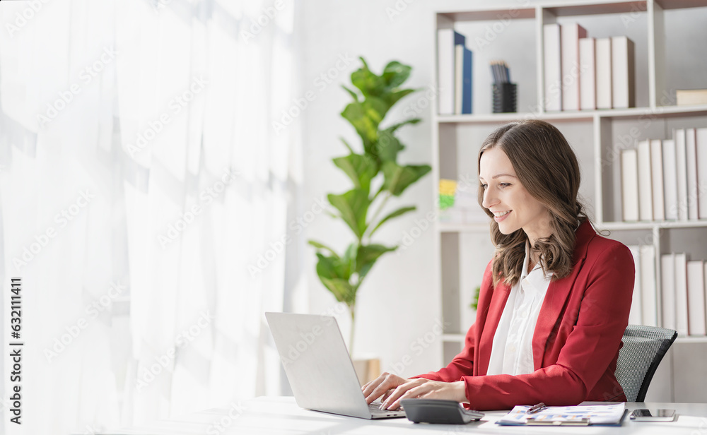 Successful businesswoman smiling happily working on laptop computer video conferencing online zoom accounting accounting finance corporate tax Successful businesswoman smiling happily working on laptop computer video conferencing online zoom accounting accounting finance corporate tax