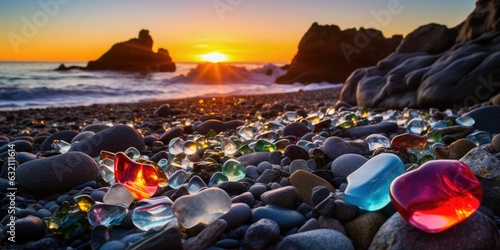 Sunset at Glass Beach in Califonia. Generative AI. photo