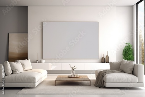 Blank white smart tv screen at cozy home. Copy space 