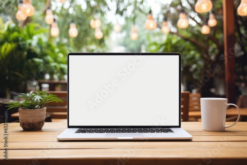 Laptop blank screen on wood table with coffee cafe background, mockup, template for your text, Clipping paths included for background and device photo