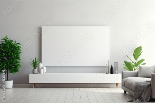 Blank white smart tv screen at cozy home. Copy space 